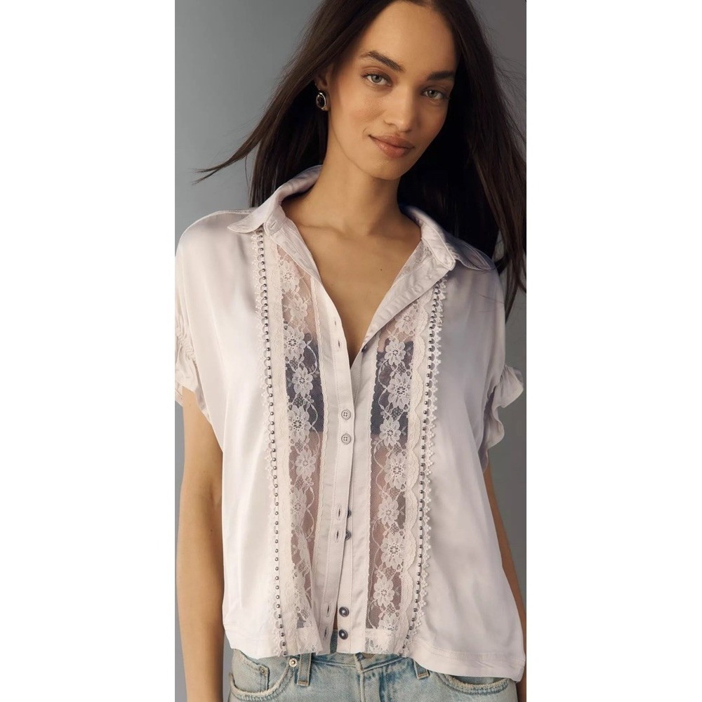 PILCRO By Anthropologie Lace AppliquΓ© Blouse Faint Pink $128 Women'sβ Size S